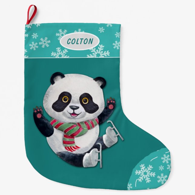 Meia De Natal Grande Teal Snowflake Ice Skating Panda Bear (Frente)