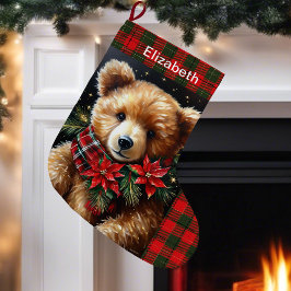 Meia De Natal Grande Teddy Bear Add Name Christmas Red Green