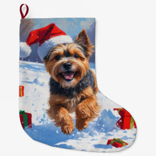 Meia De Natal Grande Tibetan Terrier Correndo na Neve com Chapéu de Nat