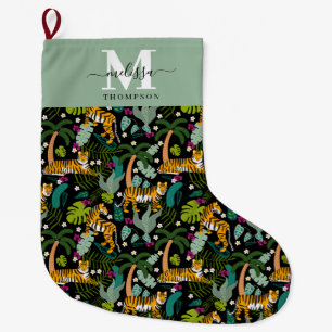 Meia De Natal Grande Tigre Tropical Preto Selva Botânica Nome Safari