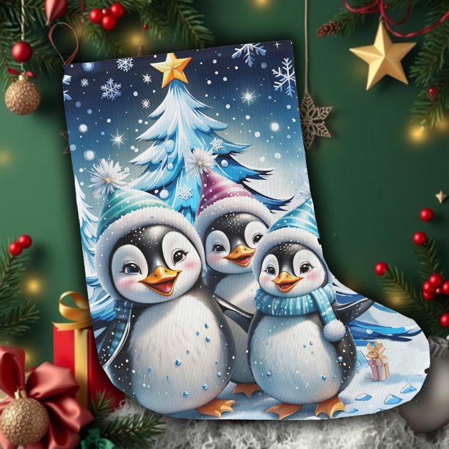 Meia De Natal Grande Três pinguins adoráveis (Criador carregado)