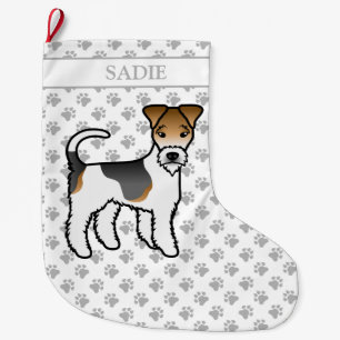 Meia De Natal Grande Tricolor Wire Fox Terrier Cute Cartoon Cão e Nome