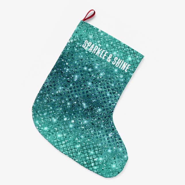 Meia De Natal Grande Turquesa Aqua Green Sparkle (Frente (Pendurada))