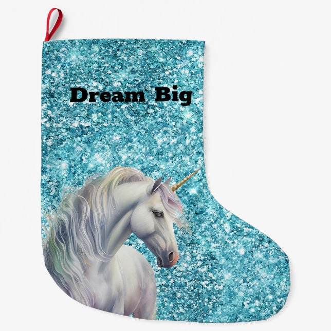 Meia De Natal Grande Turquoise Aqua Glitz Glitz Unicorn (Frente)