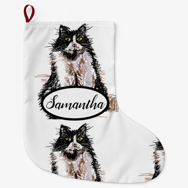 Meia De Natal Grande Tuxedo Black and White Cat Cats (Frente)