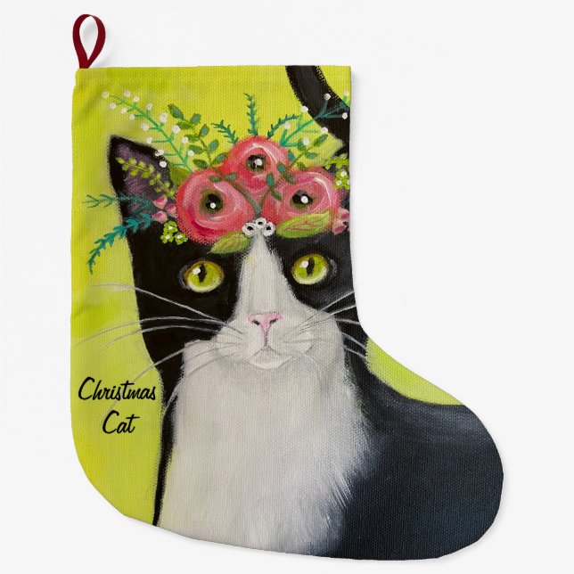 Meia De Natal Grande Tuxedo Cat Whimsic Art (Frente)