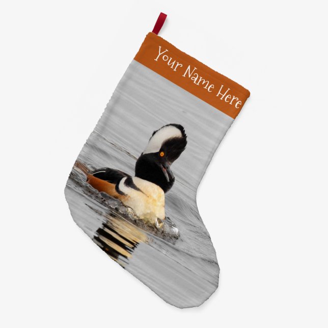 Meia De Natal Grande Um Pato Merganser Hooded Surpreso (Frente (Pendurada))