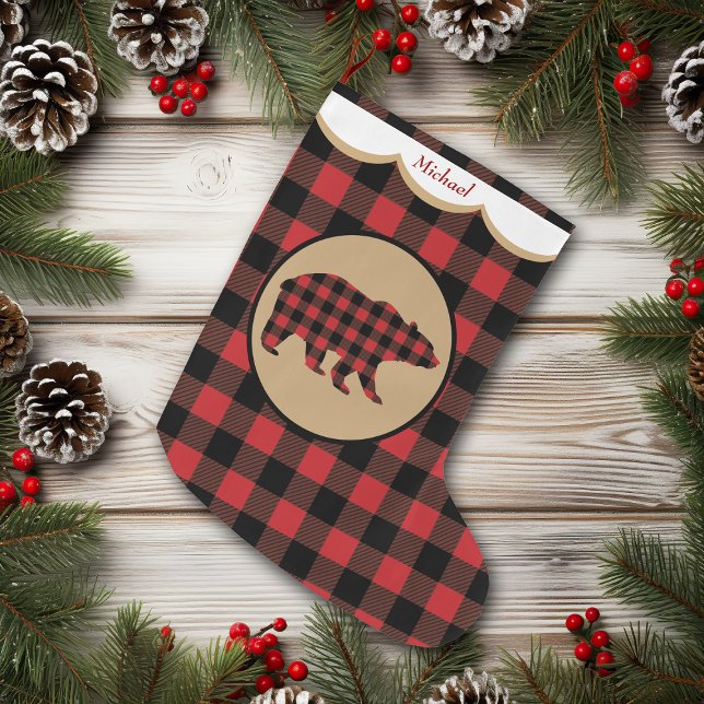 Meia De Natal Grande Urso de Xadrez Red Buffalo Personalizado (Criador carregado)