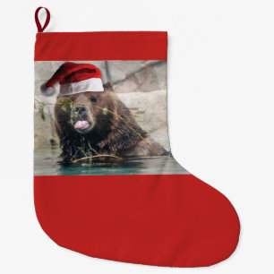 Meia De Natal Grande Urso Grizzly Vestindo chapéu de Papai Noel