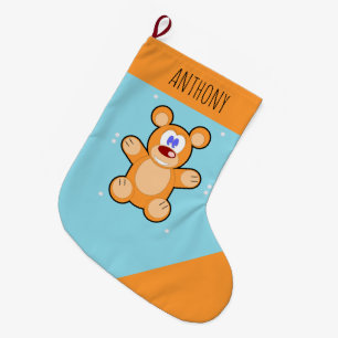 Meia De Natal Grande Urso marrom, monograma, de pelúcia azul