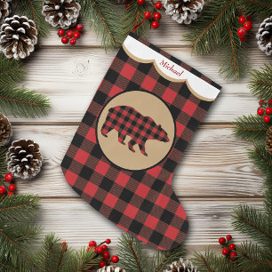Meia De Natal Grande Urso Personalizado Xadrez Búfalo Vermelho