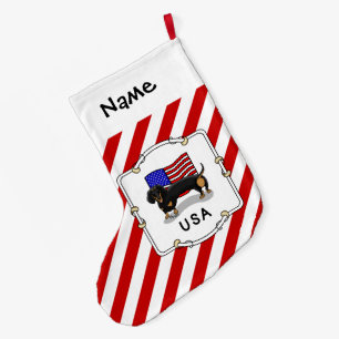 Meia De Natal Grande USA American Flag Dachshund Dachsie (preto & tan)