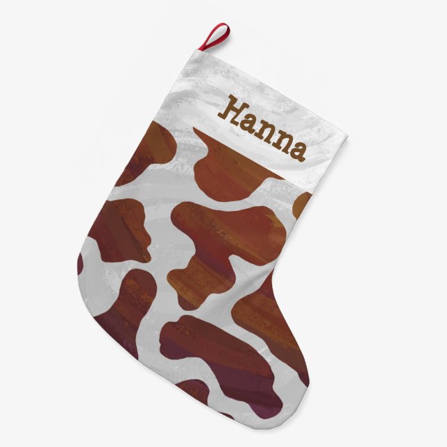 Meia De Natal Grande Vaca Castanho e Impressão Branco (Frente (Pendurada))
