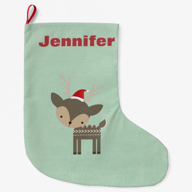 Meia De Natal Grande Veado De Natal Em Um Retrocesso De Papai Noel Verm (Frente)