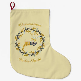 Meia De Natal Grande Veado Feliz Natal com Coroa Amarela Personalizado
