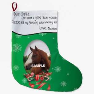 Meia De Natal Grande Verde ADICIONAR sua foto do CAVALO e nomear Papais