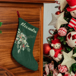 Meia De Natal Grande Verde escuro com Folhas e Bagas de Aquarela Nomead