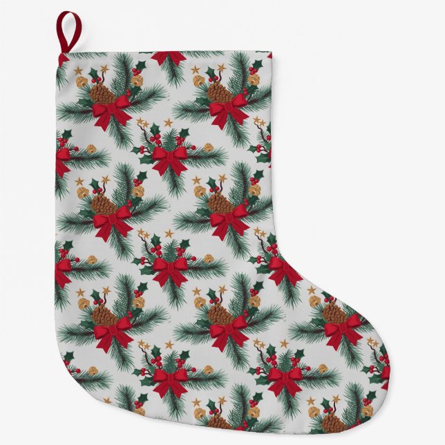 Meia De Natal Grande Verde-Natal Linhas Vermelhas Linhas Douradas Desta (Frente)