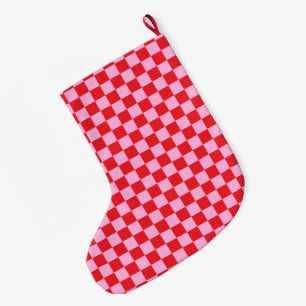 Meia De Natal Grande Vermelho Brilhante e Xadrez Rosa Claro