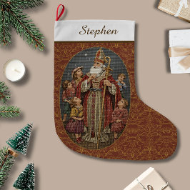 Meia De Natal Grande Vermelho e Dourado St. Nicholas Antigo de Tapeçari