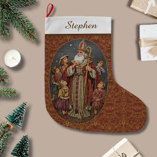 Meia De Natal Grande Vermelho e Dourado St. Nicholas Antigo de Tapeçari