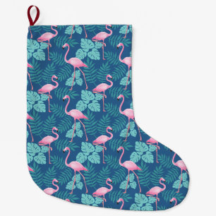 Meia De Natal Grande Vintage Flamingo Marinho Blue