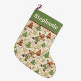 Meia De Natal Grande Vintage Gingerbird Man & Christmas Trees Custom