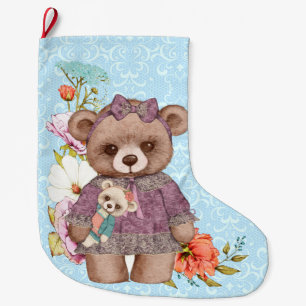 Meia De Natal Grande Vintage Girl Teddy Bear com boneca em azul