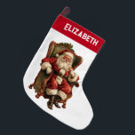 Meia De Natal Grande Vintage Papais noeis Natal Tradicional<br><div class="desc">Estocagem de Natal personalizada com um nome. Projetado com uma imagem de estilo vintage apresentando o Papai Noel clássico sentado em uma cadeira antiga de braço. Adorável design de Natal tradicional.</div>