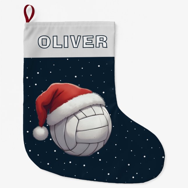 Meia De Natal Grande Volleyball Ball Red Santa Hat Name (Frente)