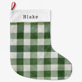 Meia De Natal Grande Warm Cream Green Plaid Stripes Christmas