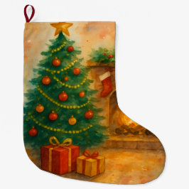Meia De Natal Grande Watercolor Christmas Tree & Cozy Fireplace Holiday