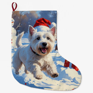 Meia De Natal Grande Westie Correndo na Neve com Chapéu de Natal