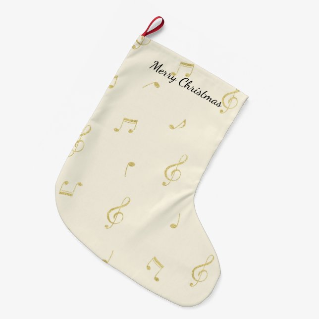 Meia De Natal Grande White Gold Music Notes Christmas (Frente (Pendurada))