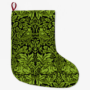Meia De Natal Grande William Morris Irmão Coelho Verde Sage Preto