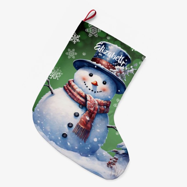 Meia De Natal Grande Winter Forest Snowman | Verde (Frente (Pendurada))