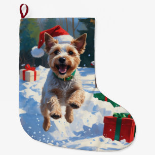 Meia De Natal Grande Wire Fox Terrier Correndo na Neve com Chapéu de Na