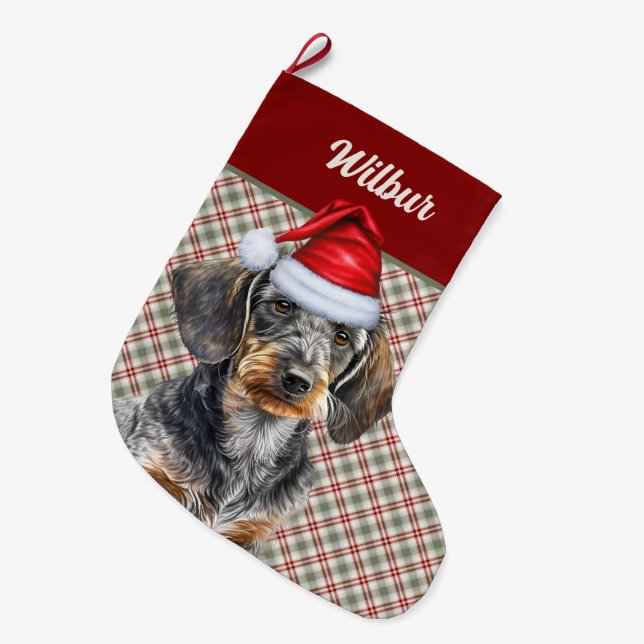 Meia De Natal Grande Wirehair Dachshund Dog Holiday Plaid Personalized (Frente (Pendurada))