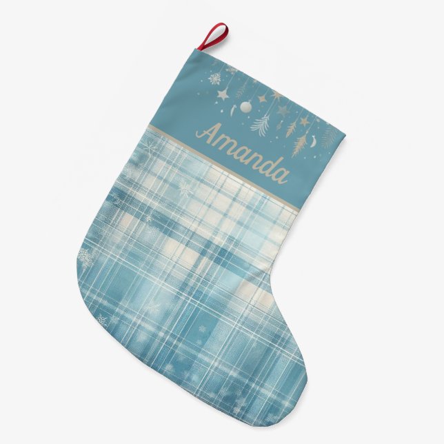 Meia De Natal Grande Xadrez azul (Frente (Pendurada))
