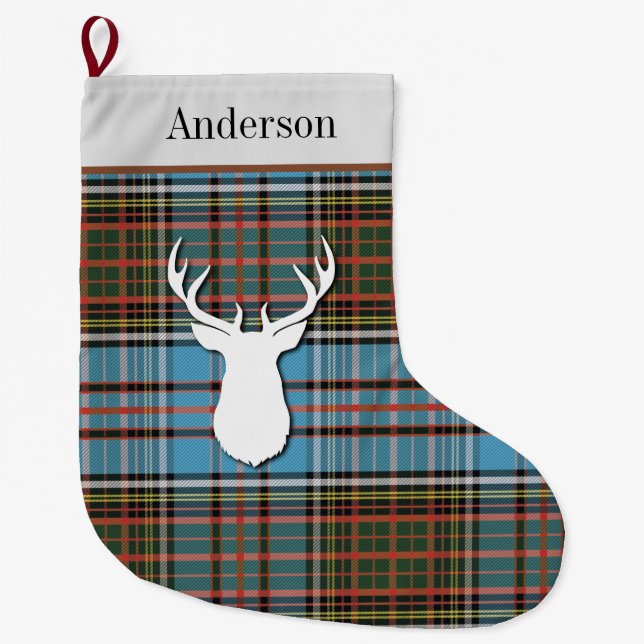 Meia De Natal Grande Xadrez Azul Personalizada do Tartan Clan Anderson (Frente)