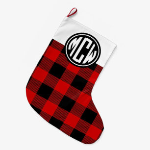 Meia De Natal Grande Xadrez de Búfalo Vermelho e Preto Círculo Monogram