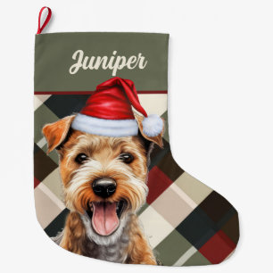 Meia De Natal Grande Xadrez de Feriado Cute Lakeland Terrier, Grande
