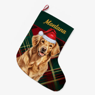 Meia De Natal Grande Xadrez de Feriado de Retriever de ouro e Nome dos