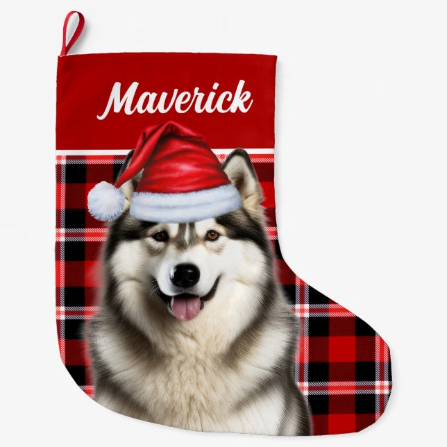 Meia De Natal Grande Xadrez de Feriado Malamute do Alaskan Cute Persona (Frente)