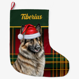 Meia De Natal Grande Xadrez de Férias Tervuren Belga com Nome de Cão