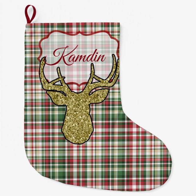 Meia De Natal Grande Xadrez de Natal XMAS Tartan Dourado Deer Stocks (Frente)