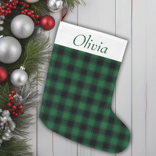 Meia De Natal Grande Xadrez de Tartan Preto e Verde Festivo