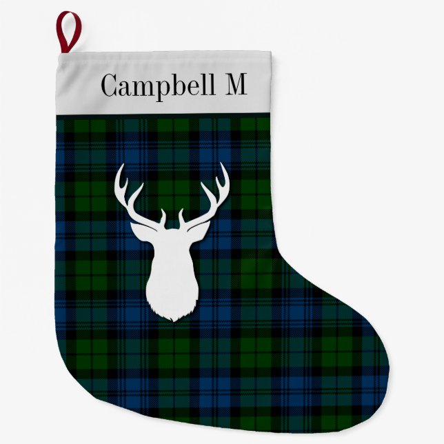 Meia De Natal Grande Xadrez Militar Tartan Verde Personalizada Campbell (Frente)