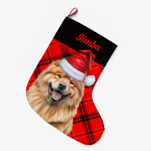 Meia De Natal Grande Xadrez Vermelha de Feriado de Cães de Chow Persona