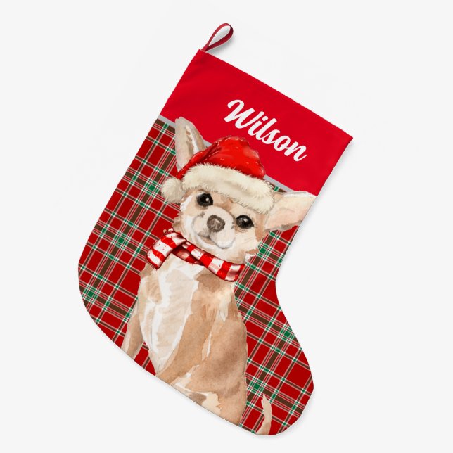 Meia De Natal Grande Xadrez vermelha e Tan Chihuahua com nome de cão (Frente (Pendurada))
